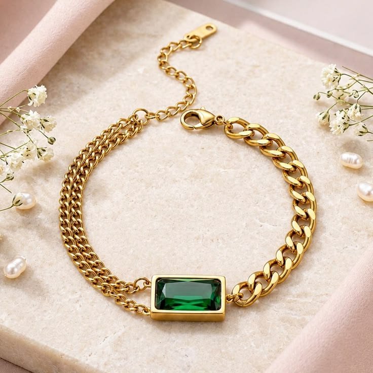 ARTKLIM Gold Plated Green Emerald Stone Chain Anti-Tarnish Bracelet